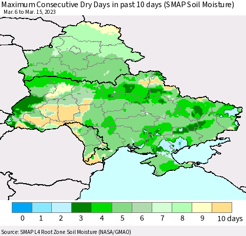 Ukraine, Moldova and Belarus Maximum Consecutive Dry Days in past 10 days (SMAP Soil Moisture) Thematic Map For 3/11/2023 - 3/15/2023
