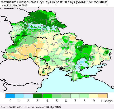 Ukraine, Moldova and Belarus Maximum Consecutive Dry Days in past 10 days (SMAP Soil Moisture) Thematic Map For 3/16/2023 - 3/20/2023