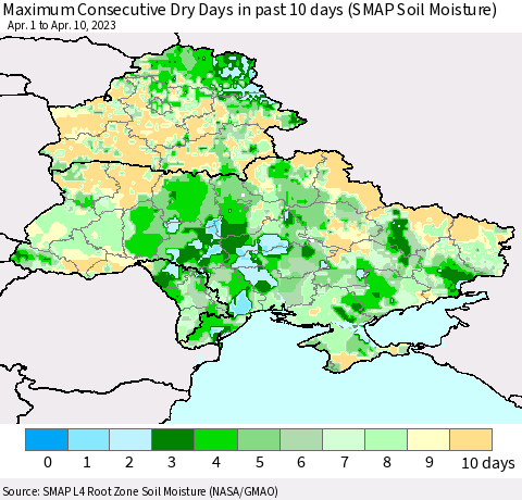 Ukraine, Moldova and Belarus Maximum Consecutive Dry Days in past 10 days (SMAP Soil Moisture) Thematic Map For 4/6/2023 - 4/10/2023