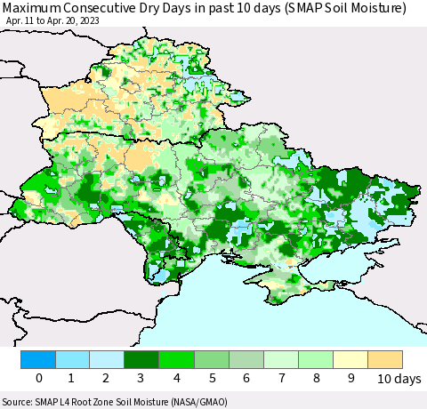 Ukraine, Moldova and Belarus Maximum Consecutive Dry Days in past 10 days (SMAP Soil Moisture) Thematic Map For 4/16/2023 - 4/20/2023