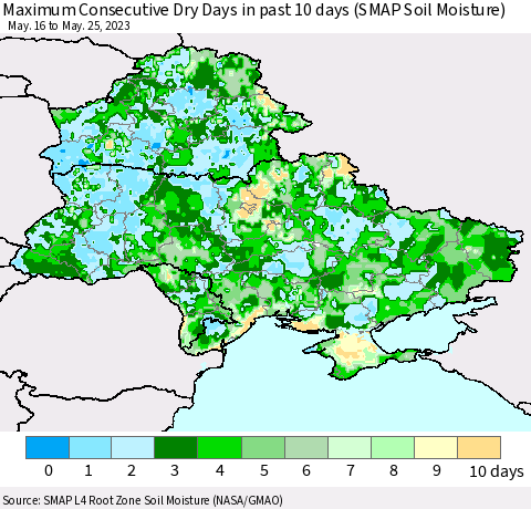 Ukraine, Moldova and Belarus Maximum Consecutive Dry Days in past 10 days (SMAP Soil Moisture) Thematic Map For 5/21/2023 - 5/25/2023