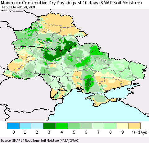 Ukraine, Moldova and Belarus Maximum Consecutive Dry Days in past 10 days (SMAP Soil Moisture) Thematic Map For 2/16/2024 - 2/20/2024