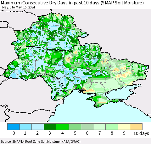 Ukraine, Moldova and Belarus Maximum Consecutive Dry Days in past 10 days (SMAP Soil Moisture) Thematic Map For 5/11/2024 - 5/15/2024