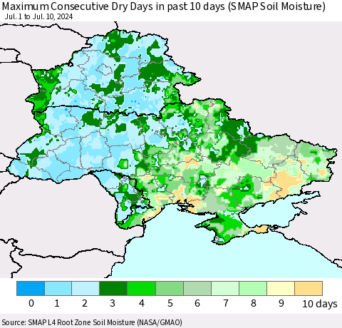 Ukraine, Moldova and Belarus Maximum Consecutive Dry Days in past 10 days (SMAP Soil Moisture) Thematic Map For 7/6/2024 - 7/10/2024
