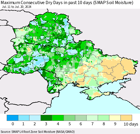 Ukraine, Moldova and Belarus Maximum Consecutive Dry Days in past 10 days (SMAP Soil Moisture) Thematic Map For 7/16/2024 - 7/20/2024