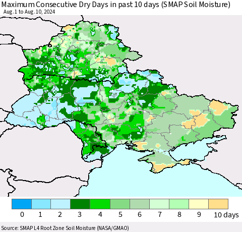 Ukraine, Moldova and Belarus Maximum Consecutive Dry Days in past 10 days (SMAP Soil Moisture) Thematic Map For 8/6/2024 - 8/10/2024