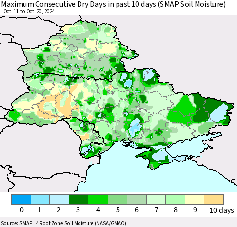 Ukraine, Moldova and Belarus Maximum Consecutive Dry Days in past 10 days (SMAP Soil Moisture) Thematic Map For 10/16/2024 - 10/20/2024