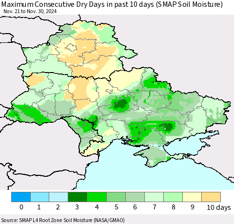 Ukraine, Moldova and Belarus Maximum Consecutive Dry Days in past 10 days (SMAP Soil Moisture) Thematic Map For 11/26/2024 - 11/30/2024