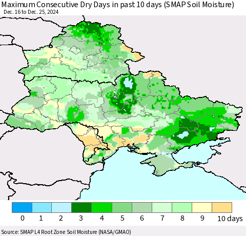 Ukraine, Moldova and Belarus Maximum Consecutive Dry Days in past 10 days (SMAP Soil Moisture) Thematic Map For 12/21/2024 - 12/25/2024