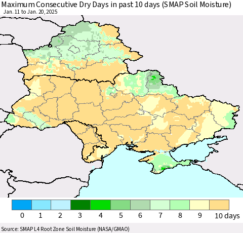 Ukraine, Moldova and Belarus Maximum Consecutive Dry Days in past 10 days (SMAP Soil Moisture) Thematic Map For 1/16/2025 - 1/20/2025