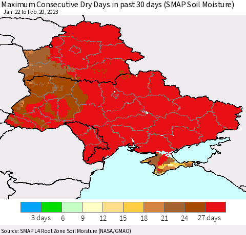 Ukraine, Moldova and Belarus Maximum Consecutive Dry Days in past 30 days (SMAP Soil Moisture) Thematic Map For 2/16/2023 - 2/20/2023