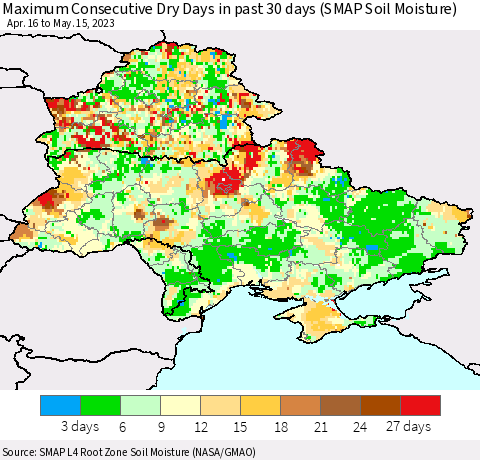 Ukraine, Moldova and Belarus Maximum Consecutive Dry Days in past 30 days (SMAP Soil Moisture) Thematic Map For 5/11/2023 - 5/15/2023