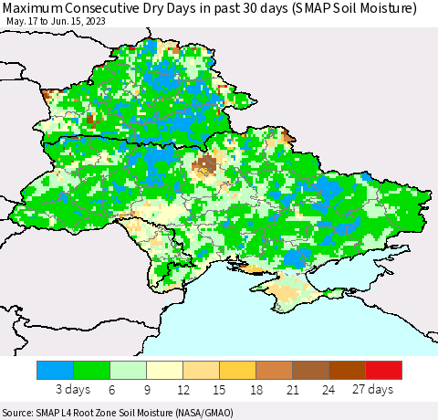 Ukraine, Moldova and Belarus Maximum Consecutive Dry Days in past 30 days (SMAP Soil Moisture) Thematic Map For 6/11/2023 - 6/15/2023