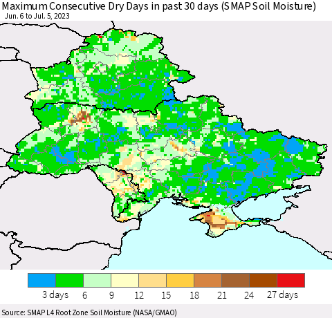 Ukraine, Moldova and Belarus Maximum Consecutive Dry Days in past 30 days (SMAP Soil Moisture) Thematic Map For 7/1/2023 - 7/5/2023