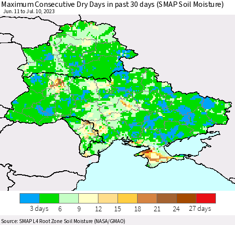 Ukraine, Moldova and Belarus Maximum Consecutive Dry Days in past 30 days (SMAP Soil Moisture) Thematic Map For 7/6/2023 - 7/10/2023