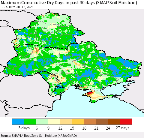 Ukraine, Moldova and Belarus Maximum Consecutive Dry Days in past 30 days (SMAP Soil Moisture) Thematic Map For 7/11/2023 - 7/15/2023