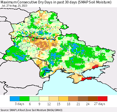 Ukraine, Moldova and Belarus Maximum Consecutive Dry Days in past 30 days (SMAP Soil Moisture) Thematic Map For 8/21/2023 - 8/25/2023