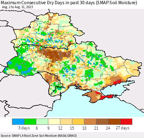 Ukraine, Moldova and Belarus Maximum Consecutive Dry Days in past 30 days (SMAP Soil Moisture) Thematic Map For 8/26/2023 - 8/31/2023