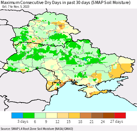 Ukraine, Moldova and Belarus Maximum Consecutive Dry Days in past 30 days (SMAP Soil Moisture) Thematic Map For 11/1/2023 - 11/5/2023