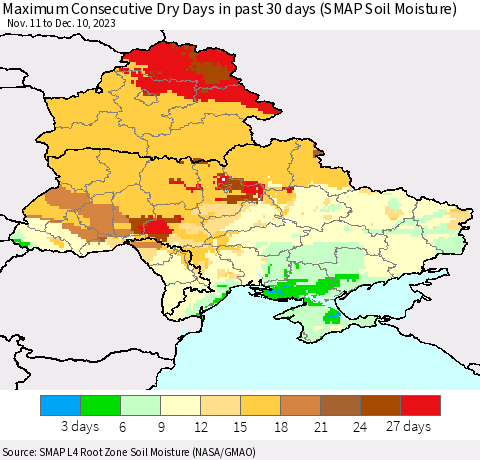 Ukraine, Moldova and Belarus Maximum Consecutive Dry Days in past 30 days (SMAP Soil Moisture) Thematic Map For 12/6/2023 - 12/10/2023