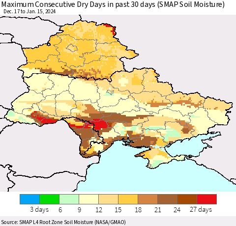 Ukraine, Moldova and Belarus Maximum Consecutive Dry Days in past 30 days (SMAP Soil Moisture) Thematic Map For 1/11/2024 - 1/15/2024