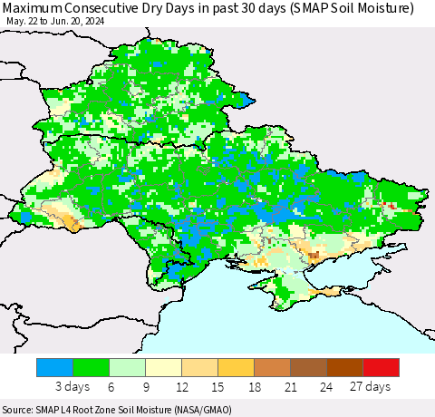 Ukraine, Moldova and Belarus Maximum Consecutive Dry Days in past 30 days (SMAP Soil Moisture) Thematic Map For 6/16/2024 - 6/20/2024