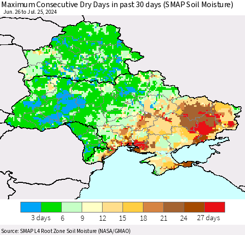 Ukraine, Moldova and Belarus Maximum Consecutive Dry Days in past 30 days (SMAP Soil Moisture) Thematic Map For 7/21/2024 - 7/25/2024