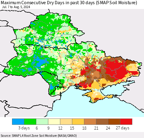 Ukraine, Moldova and Belarus Maximum Consecutive Dry Days in past 30 days (SMAP Soil Moisture) Thematic Map For 8/1/2024 - 8/5/2024