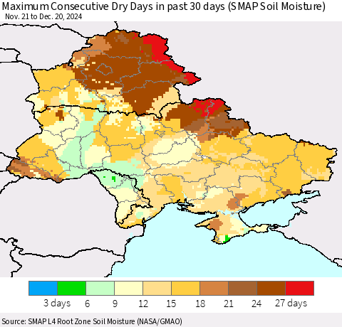 Ukraine, Moldova and Belarus Maximum Consecutive Dry Days in past 30 days (SMAP Soil Moisture) Thematic Map For 12/16/2024 - 12/20/2024