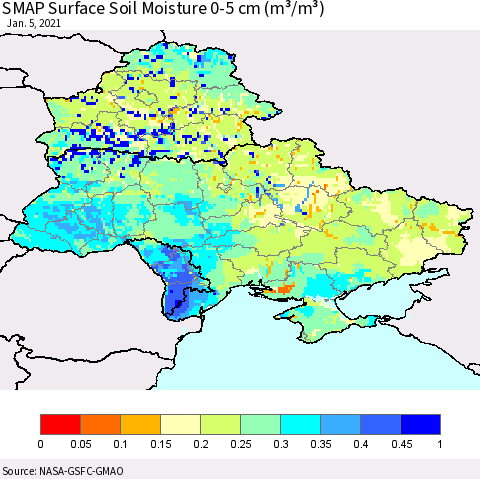 Ukraine, Moldova and Belarus SMAP Surface (0-5 cm) Soil Moisture (m³/m³) Thematic Map For 1/1/2021 - 1/5/2021