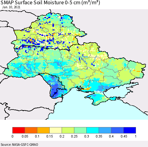 Ukraine, Moldova and Belarus SMAP Surface (0-5 cm) Soil Moisture (m³/m³) Thematic Map For 1/6/2021 - 1/10/2021