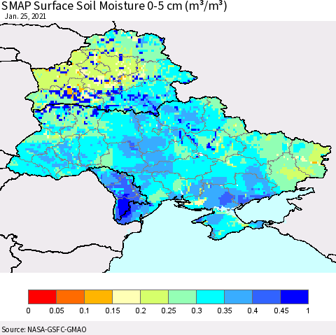 Ukraine, Moldova and Belarus SMAP Surface (0-5 cm) Soil Moisture (m³/m³) Thematic Map For 1/21/2021 - 1/25/2021