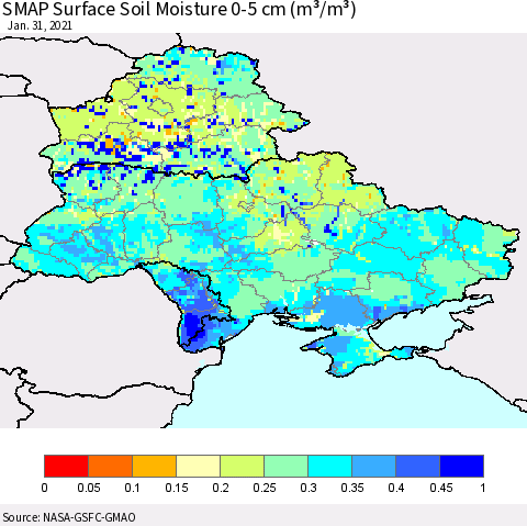 Ukraine, Moldova and Belarus SMAP Surface (0-5 cm) Soil Moisture (m³/m³) Thematic Map For 1/26/2021 - 1/31/2021