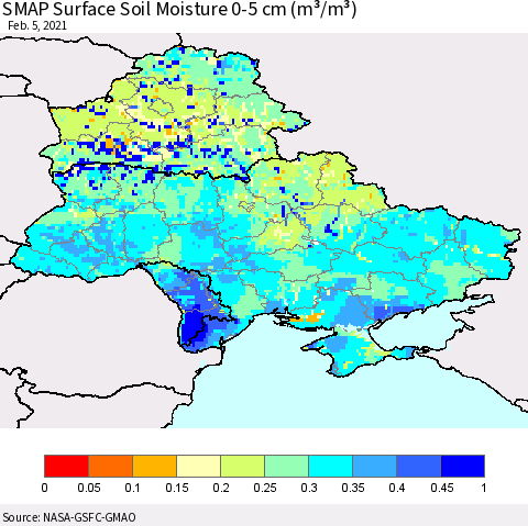 Ukraine, Moldova and Belarus SMAP Surface (0-5 cm) Soil Moisture (m³/m³) Thematic Map For 2/1/2021 - 2/5/2021