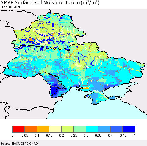 Ukraine, Moldova and Belarus SMAP Surface (0-5 cm) Soil Moisture (m³/m³) Thematic Map For 2/6/2021 - 2/10/2021