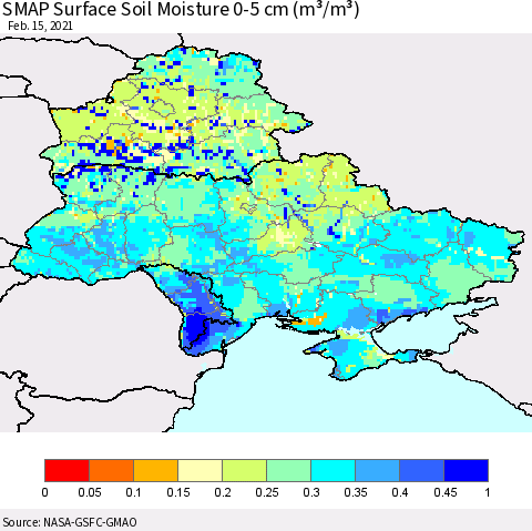 Ukraine, Moldova and Belarus SMAP Surface (0-5 cm) Soil Moisture (m³/m³) Thematic Map For 2/11/2021 - 2/15/2021