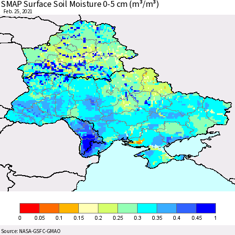 Ukraine, Moldova and Belarus SMAP Surface (0-5 cm) Soil Moisture (m³/m³) Thematic Map For 2/21/2021 - 2/25/2021
