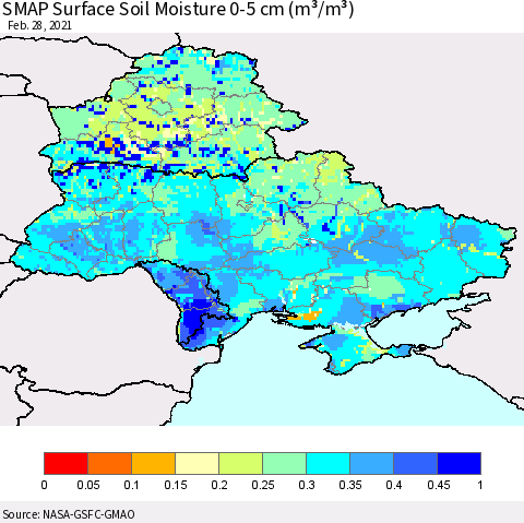 Ukraine, Moldova and Belarus SMAP Surface (0-5 cm) Soil Moisture (m³/m³) Thematic Map For 2/26/2021 - 2/28/2021