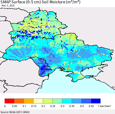 Ukraine, Moldova and Belarus SMAP Surface (0-5 cm) Soil Moisture (m³/m³) Thematic Map For 3/1/2021 - 3/5/2021