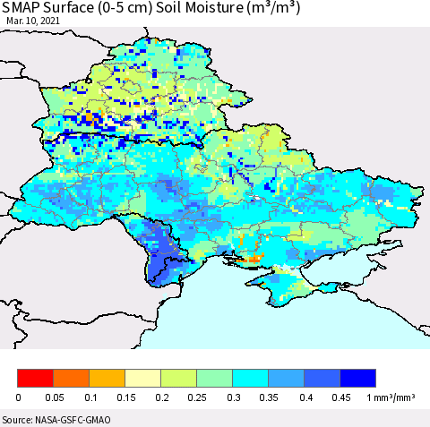 Ukraine, Moldova and Belarus SMAP Surface (0-5 cm) Soil Moisture (m³/m³) Thematic Map For 3/6/2021 - 3/10/2021