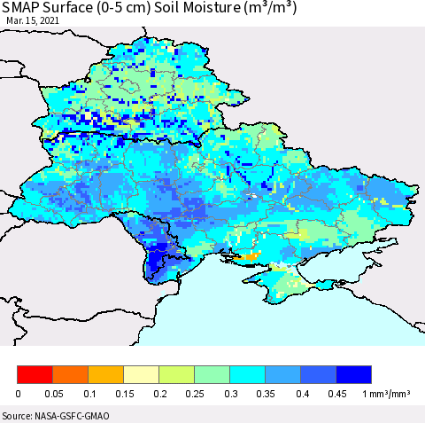 Ukraine, Moldova and Belarus SMAP Surface (0-5 cm) Soil Moisture (m³/m³) Thematic Map For 3/11/2021 - 3/15/2021