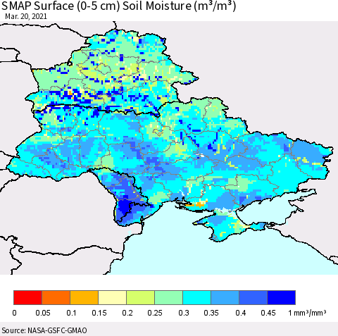 Ukraine, Moldova and Belarus SMAP Surface (0-5 cm) Soil Moisture (m³/m³) Thematic Map For 3/16/2021 - 3/20/2021