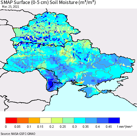 Ukraine, Moldova and Belarus SMAP Surface (0-5 cm) Soil Moisture (m³/m³) Thematic Map For 3/21/2021 - 3/25/2021