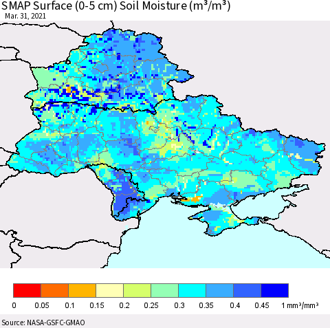 Ukraine, Moldova and Belarus SMAP Surface (0-5 cm) Soil Moisture (m³/m³) Thematic Map For 3/26/2021 - 3/31/2021
