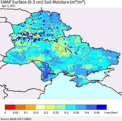Ukraine, Moldova and Belarus SMAP Surface (0-5 cm) Soil Moisture (m³/m³) Thematic Map For 4/1/2021 - 4/5/2021
