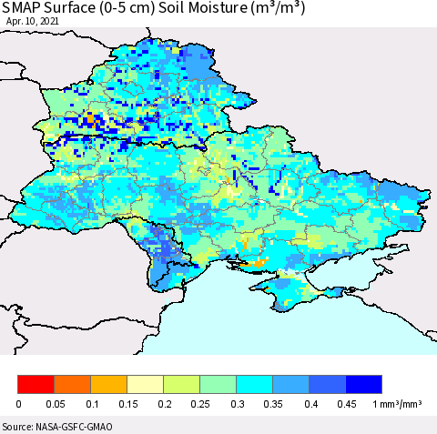 Ukraine, Moldova and Belarus SMAP Surface (0-5 cm) Soil Moisture (m³/m³) Thematic Map For 4/6/2021 - 4/10/2021