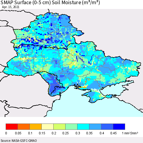 Ukraine, Moldova and Belarus SMAP Surface (0-5 cm) Soil Moisture (m³/m³) Thematic Map For 4/11/2021 - 4/15/2021