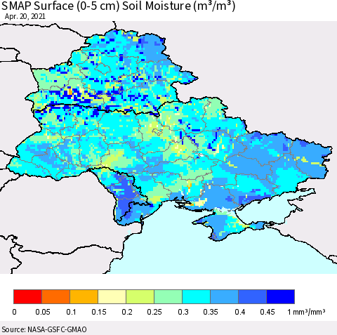 Ukraine, Moldova and Belarus SMAP Surface (0-5 cm) Soil Moisture (m³/m³) Thematic Map For 4/16/2021 - 4/20/2021