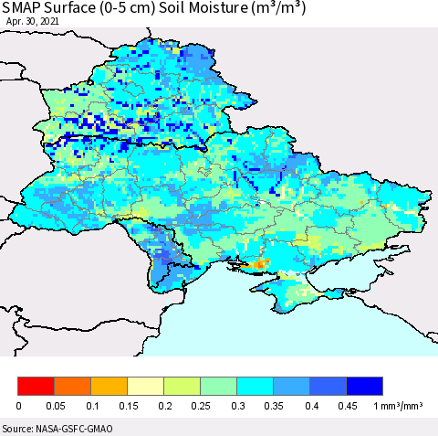 Ukraine, Moldova and Belarus SMAP Surface (0-5 cm) Soil Moisture (m³/m³) Thematic Map For 4/26/2021 - 4/30/2021