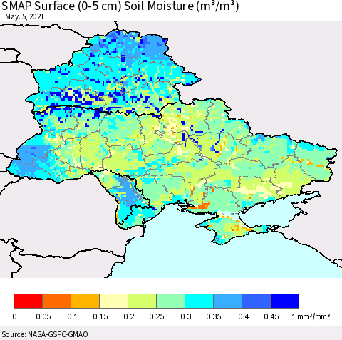 Ukraine, Moldova and Belarus SMAP Surface (0-5 cm) Soil Moisture (m³/m³) Thematic Map For 5/1/2021 - 5/5/2021